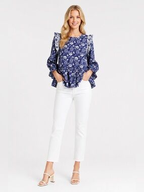 Blue White Floral Ruffle Blouse with White Ruffle XXL